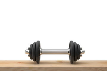 dumbbell on wood table. 3D illustration