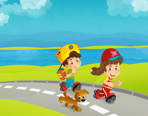 Cartoon dog boy and girl running together - illustration for children