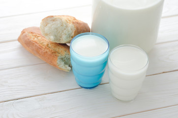 Bank and two cups with milk and baguette on table