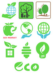 Ecology logo flat vector set. Ten icons. Vector illustration.