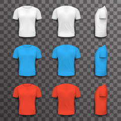 Different Colors T-shirt Front Side Back View Template Realistic 3d Design Icon Set Transparent Background Isolated Vector illustration