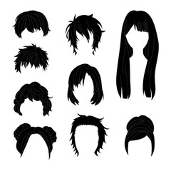 Collection Hairstyle for Man and Woman Black Hair Drawing Set 2. Vector illustration isolated on White Background - 134491173
