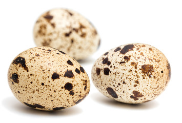 Obraz premium Raw quail eggs with spotted surface isolated on a white backgrou