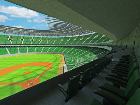 3D render of baseball stadium with green seats and VIP boxes