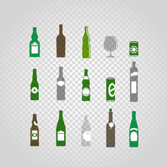 Different bottles and glasses set isolated on transparent