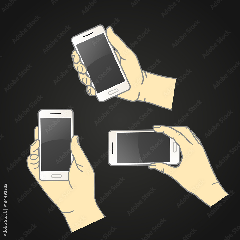 Poster different hands with modern smartphone vector collection. flat d