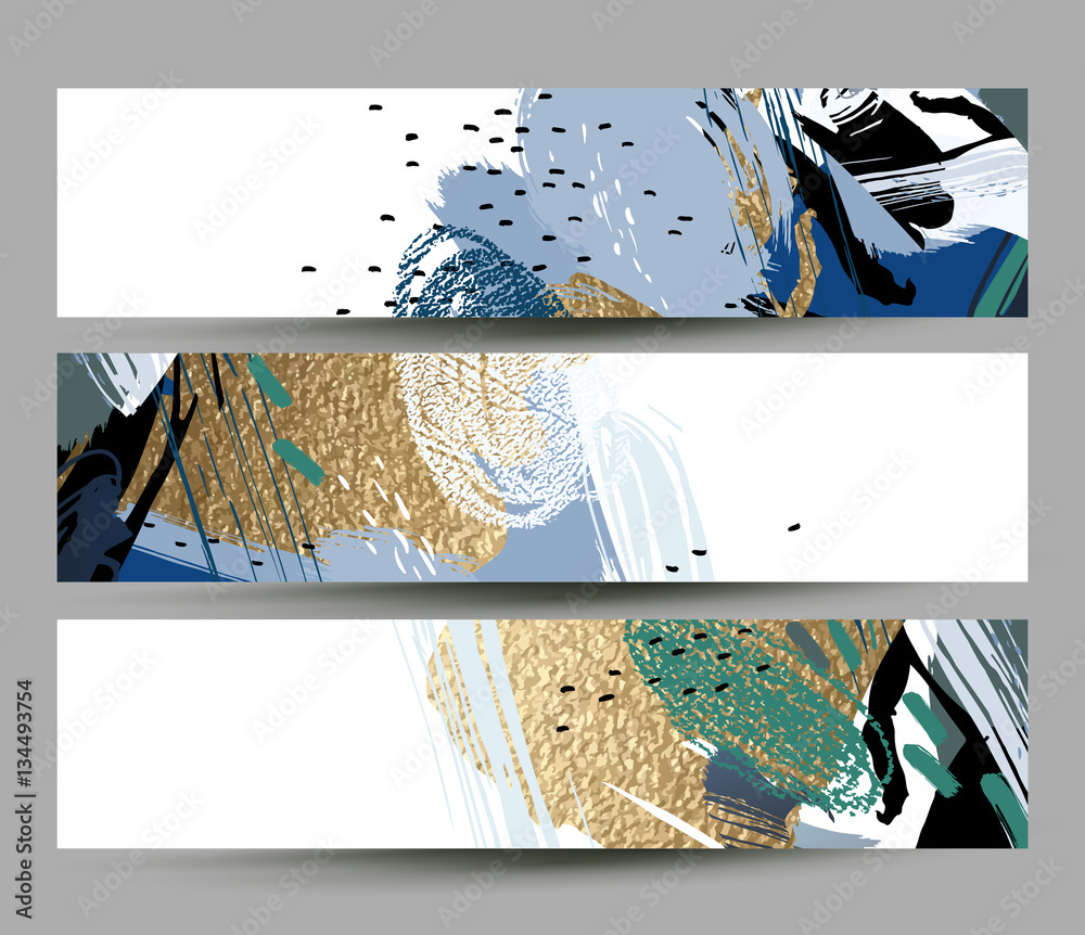 Aufkleber collection of artistic creative three cards with hand drawn shapes and textures elements on the whit