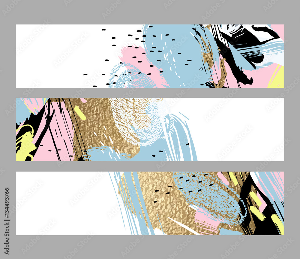 Fototapete collection of artistic creative three cards with hand drawn shapes and textures elements on the white background. Modern unusual vector freehand abstraction.