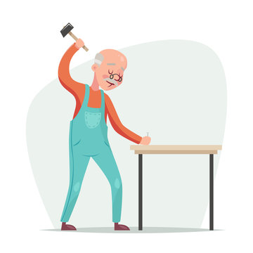 Old furniture maker hammers nail in a table retro cartoon character vector illustration