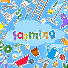 The background image on the theme of farm and spring colored simple icons stickers on a blue background and the inscription