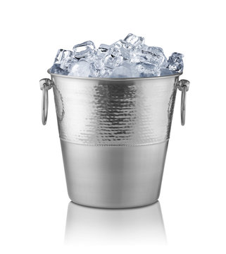 Metal champagne bucket, full with ice. Isolated on white