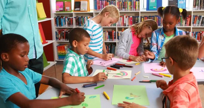 Kids drawing in library at school 4k