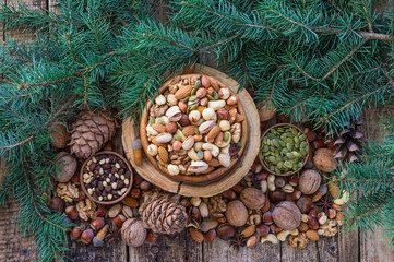 Christmas arrangement of pine, cashew, almond, hazelnuts, peanuts, walnuts, tree branches, cones.  background. A mix  nuts.