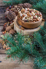 Fototapeta na wymiar Christmas arrangement of pine, cashew, almond, hazelnuts, peanuts, walnuts, tree branches, cones. background. A mix nuts.