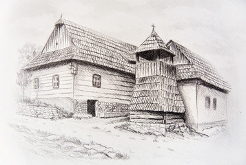 idylic willage houses with wooden belfry, pencil drawing on paper.