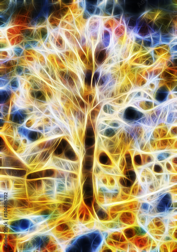 Aufkleber energetic tree in the middle of ancient willage, tree of life concept, fractal effect.