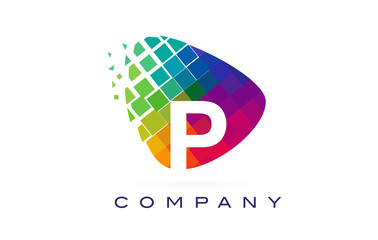 Letter P Colourful Logo. Rainbow P Letter Icon with Shattered Blocks.