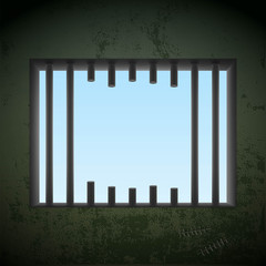 Window with sawn off bars in a prison cell. Jail break. Stock ve - obrazy, fototapety, plakaty