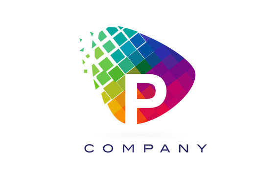Letter P Colourful Logo. Rainbow P Letter Icon With Shattered Blocks.
