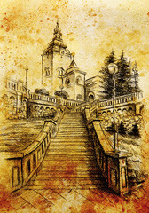 Fototapeta na wymiar church and staircaise, pencil drawing on paper, vintage effect.
