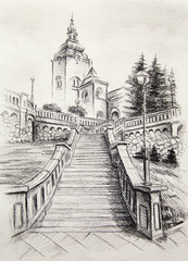 church dominant in the old town, pencil drawing on paper.