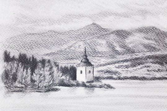 landcsape scenery with lake, chapel and mountains, pencil drawing.