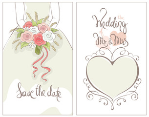 Bride with bouquet / Vector illustration, card, invitation, gentle young bride with flowers