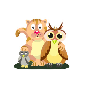 Friendly company. Cat, owl and titmouse.  Friendship. Style flat
