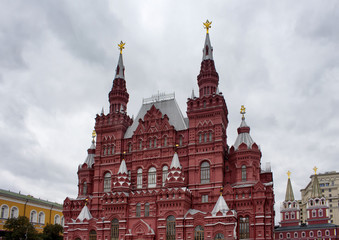 Fototapeta na wymiar View of State Historical Museum at Red Square in Moscow. Imposing neo-Russian building of 1881, displaying prehistoric relics, Romanov dynasty art & more.