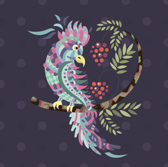 Obraz premium Magic bird on a branch with berries on a purple background