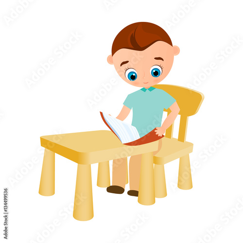 Young Boy With Glasses Reads Sitting At A School Desk Vector