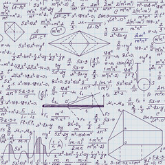 Mathematical vector seamless pattern with formulas, tasks and plots, handwritten on grid copybook paper