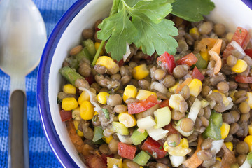 Delicious salad of lentils, vegetables and seafood