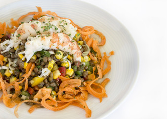 Delicious salad of lentils, vegetables and seafood