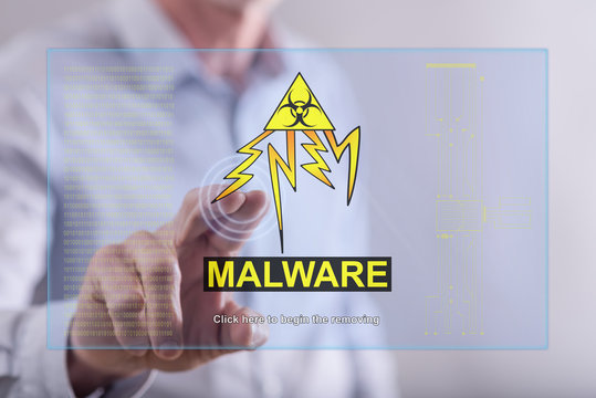 Man touching a malware concept on a touch screen