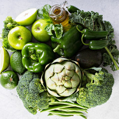 Variety of green vegetables and fruits