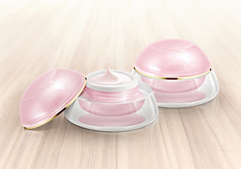 Pink dome cosmetic jar on wood background