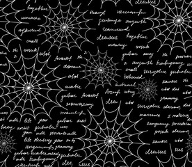 Abstract decorative vector seamless pattern with spiders web and handwritten text