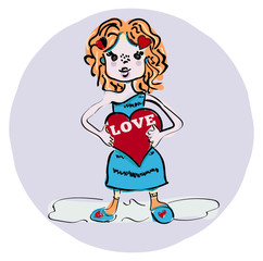 Cartoon cute little girl in love, vector illustration