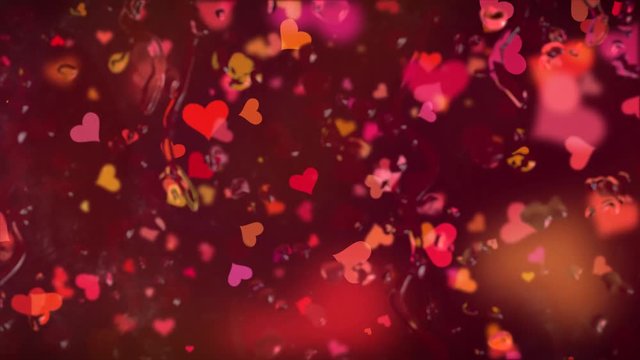 Valentinstag fallende Herzen hinter einer Glasscheibe mit Wassertropfen