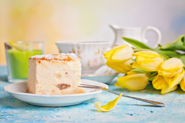 Cheesecake slice abd tulips