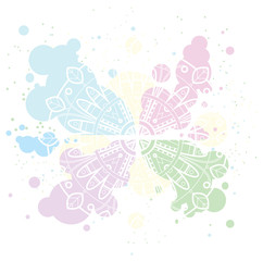 Pastel background with white mandala on colorful circle blobs.