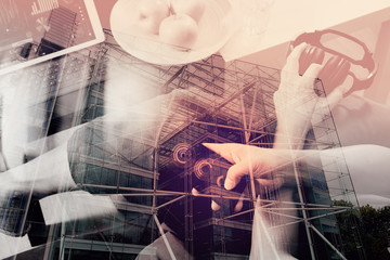 Obraz premium double exposure of hipster hand using smart phone for mobile pay