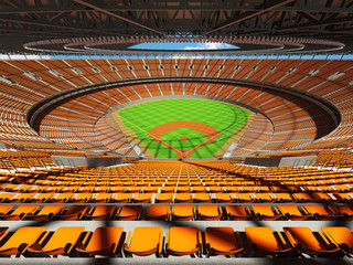 3D render of baseball stadium with orange seats and VIP boxes