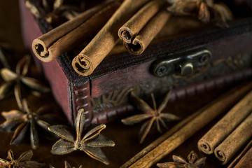 Star anise and cinnamon stick with wooden box. Close-up, selecti