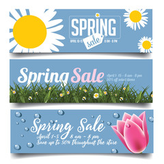 Welcome Spring sale marketing banners ad design template with copy space. Daisies and tulips design for the spring season. EPS 10 vector. - 134506555