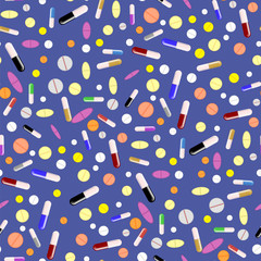 Diffetent Pills Isolated on Blue Background. Seamless Medical Pattern