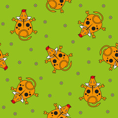 Seamless vector pattern for children. bull top view and chamomile on a green background.