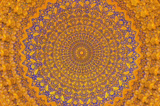 Gold mosaic dome in Tilya Kori Madrasah, Samarkand, Uzbekista
