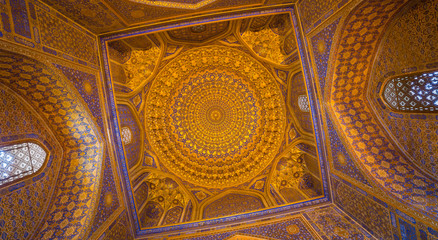 Gold mosaic dome in Tilya Kori Madrasah, Samarkand, Uzbekista